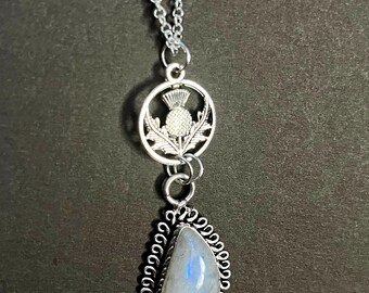 Scottish Thistle Moonstone Necklace, Silver Celtic Jewelry