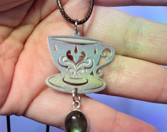 Labradorite Teacup Pendant Necklace: Tea Lover Jewelry