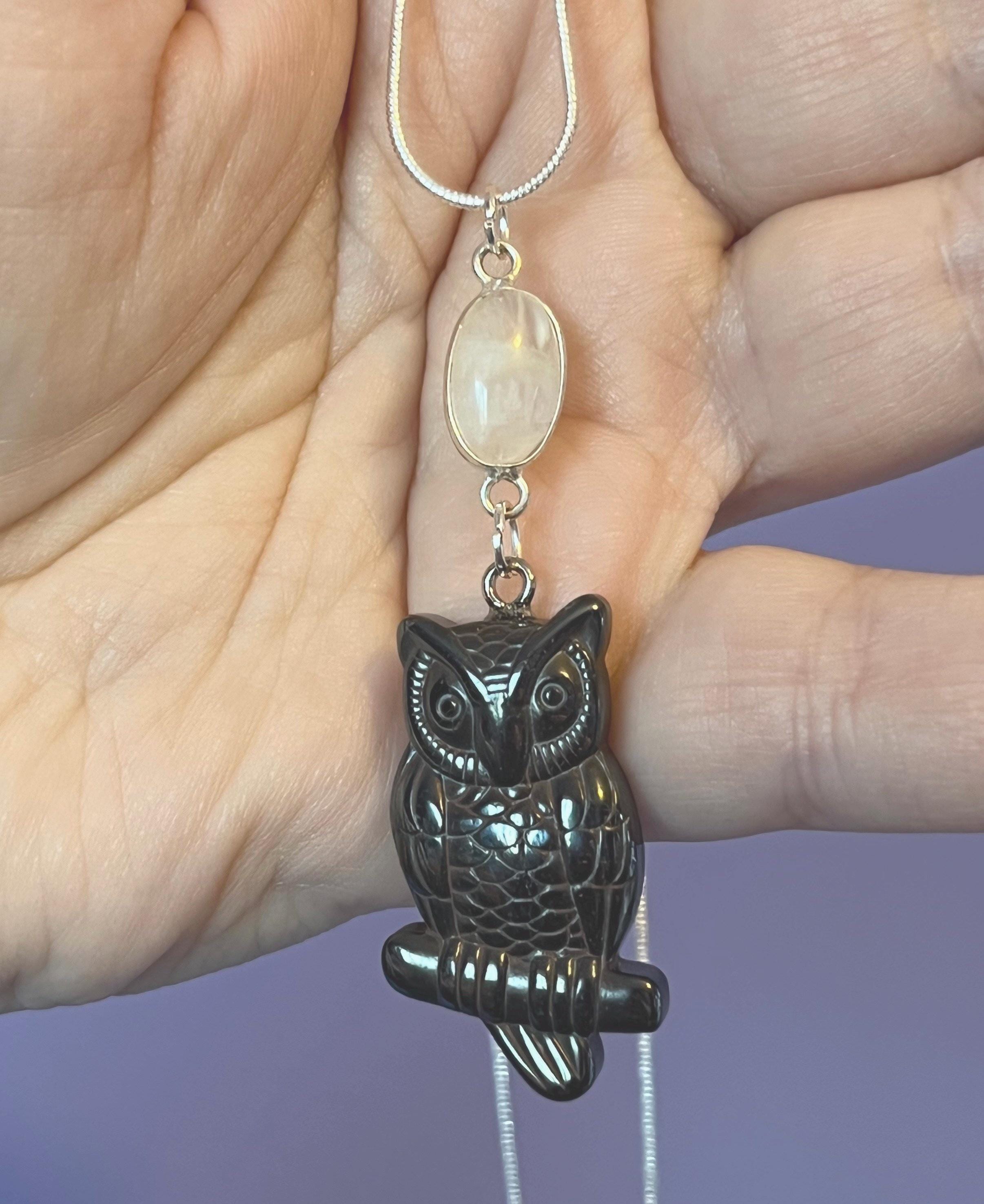 Hematite Owl Necklace, Moonstone Owl Necklace, silver crystal Owl Jewelry, moonstone owl Pendant, gr