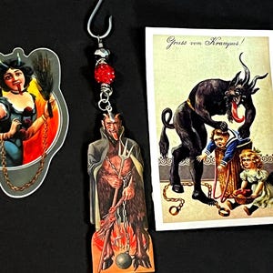 Krampus Ornament Bundle, Krampusnacht Gift Bag, Stocking Stuffer, retro inspired krampus decor, krampus sticker, xmas horror keepsake