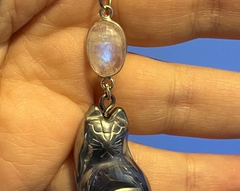 Moonstone Hematite Cat Pendant Necklace