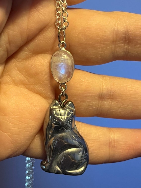 Moonstone Hematite Cat Pendant Necklace