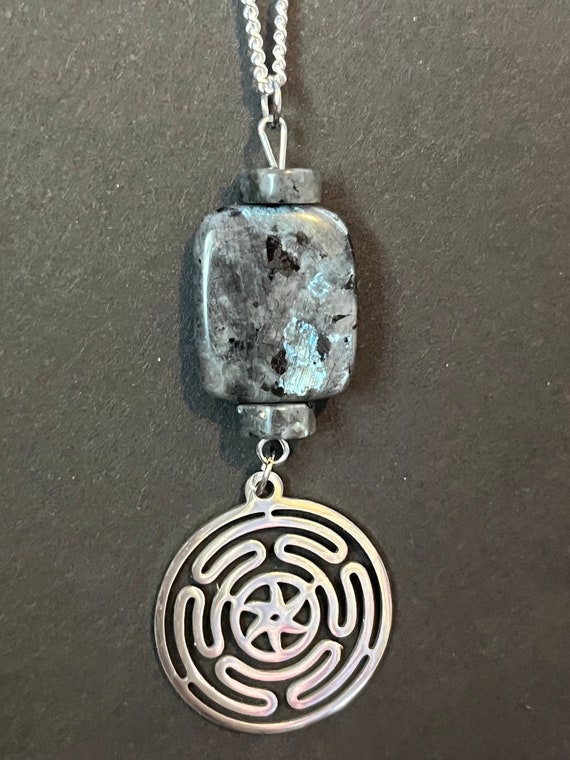 Hecate Wheel Pendant, Norwegian Moonstone, Goddess Talisman Necklace