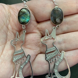 Egyptian cat stainless steel witches familiar cat crystal Silver Cat Earrings stunning ancient Egyptian bast Labradorite Bast talisman