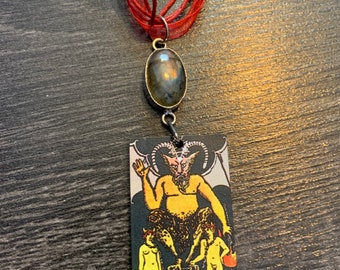 Devil Tarot Card Necklace, Lucifer tarot jewelry, tarot card labradorite pendant, occult jewelry, tarot card keepsake jewelry, curio gift