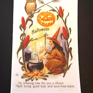 Adesivo assustador de bruxa de Halloween, adesivo retrô de Halloween, decalque kitsch de bruxa de Halloween, cartão postal vintage de Halloween, adesivo de bruxa antigo