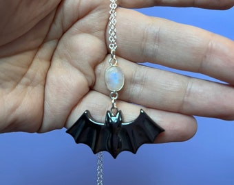 Moonstone Hematite Bat necklace, Ruler of the night bat necklace , spooky jewelry, black hematite bat choker, vampire bat moonstone necklace