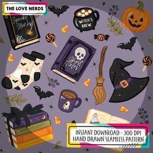 Halloween Witch Seamless Pattern, Bookish Hand Drawn PNG Files (Digital Download) 300 DPI File Vinyl Fabric Sublimation