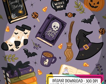 May include: A digital seamless pattern featuring Halloween illustrations including a pumpkin, witch hat, broom, books titled Spooky Stories and Ghost Tales, a cauldron labelled Witch's Brew, socks with bats, candy corn, lollipops, and a ghost mug.