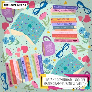 May include: A seamless pattern featuring books, glasses, flowers, and coffee mugs. The books have titles like "Enemies to Lovers" and "Boy Next Door." The design includes hearts and the text "The Love Nerds" and "Book Lover."