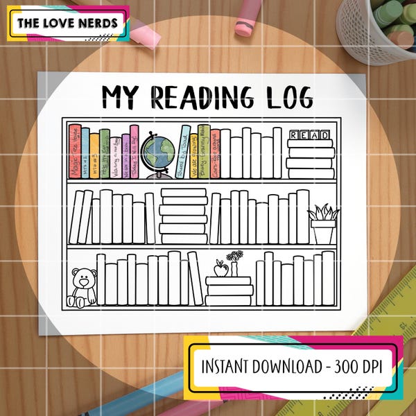Kids Bookshelf reading log, Printable Book Tracker (Digital Download PNG), coloring page for school or home