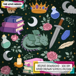 Naadloos romantiekpatroon, romantisch boek PNG (digitale download) Handgetekend naadloos bestand 300 DPI GROEN papier vinyl stof sublimatie