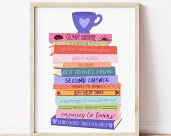 Stampa artistica Romance Tropes Book Stack (download digitale), Libri romantici, Regali di libri, Stampe libresche, Regali per lettori, Lettori di romanzi