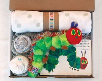 Very Hungry Caterpillar Baby Book Box / Baby Shower Gift Set / Baby Boy Baby Girl Bodysuits, Lovey and Blanket / New Baby Welcome Gift