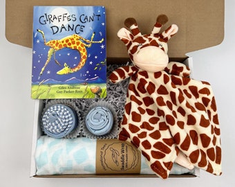 Giraffes Can't Dance, Baby Boy Gift, Baby Shower Gift Box, Baby Book Gift Basket, Onesies Cupcakes, Swaddle Blanket, Giraffe Stuffed Animal