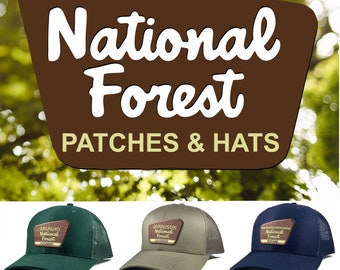 Embroidered National Forest Trucker Hat - Customizable Cap with Iconic Entrance Sign Patch
