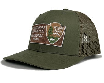 Theodore Roosevelt National Park Trucker Hat with Woven Embroidered National Park Sign Arrowhead Patch Souvenir Gift