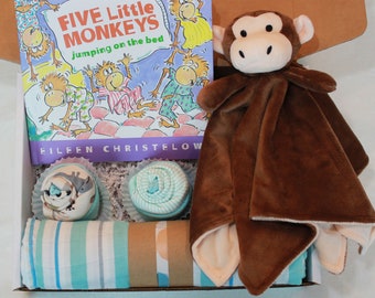 Five Little Monkeys Book Gift Box, Baby Shower Gift, New Baby Boy Gift, Baby Girl, Baby Boy Gift Basket, New Mom Gift, Baby Blanket