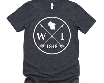 Homeland Tees Wisconsin Arrow T-Shirt - State Outline, Initials & Year Founded Unisex Shirt