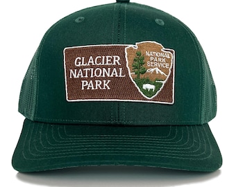 Glacier National Park Trucker Hat with Woven Embroidered National Park Sign Arrowhead Patch Souvenir Gift
