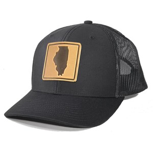 Homeland Tees Illinois Leather Patch Trucker Hat - Embossed State Outline on Genuine Leather Patch