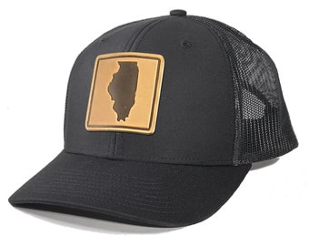 Homeland Tees Illinois Leather Patch Trucker Hat - Embossed State Outline on Genuine Leather Patch