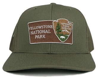 Yellowstone National Park Trucker Hat with Woven Embroidered National Park Sign Arrowhead Patch Souvenir Gift