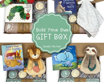 GENDER NEUTRAL Baby Shower Gift Basket, Build Your Own Gift Box, Baby Book Box, Onesie Cupcakes, Muslin Swaddle, Stuffed Animal Toy