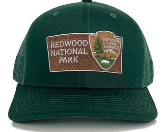 Redwood National Park Trucker Hat with Woven Embroidered National Park Sign Arrowhead Patch Souvenir Gift