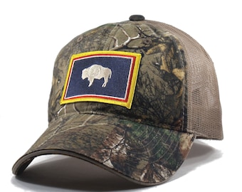 Homeland Tees Wyoming Flag Hat - Realtree Camo Trucker