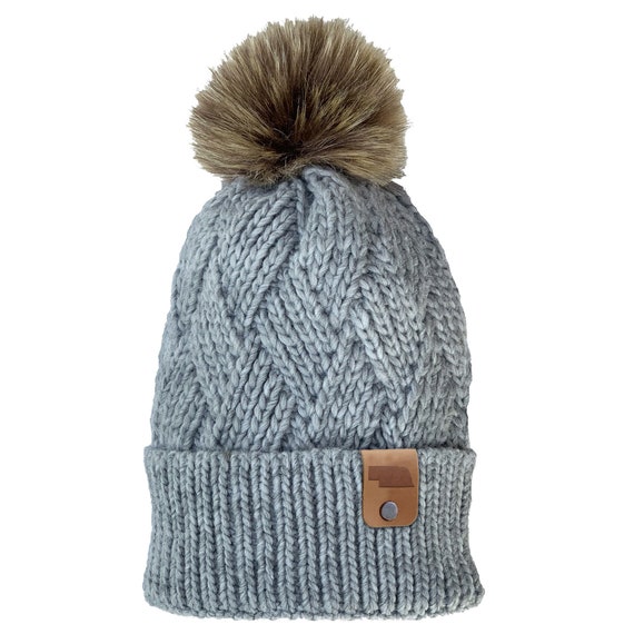 Women's Winter Hat Chunky Cable Knit Beanie Nebraska Leather Patch