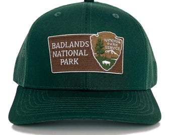 Badlands National Park Trucker Hat with Woven Embroidered National Park Sign Arrowhead Patch Souvenir Gift