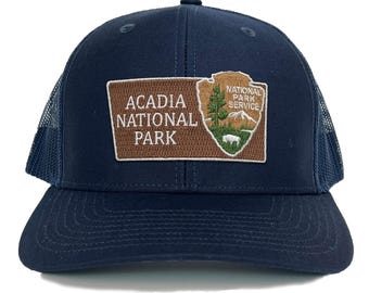 Acadia National Park Trucker Hat with Woven Embroidered National Park Sign Arrowhead Patch