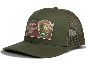 Arches National Park Trucker Hat with Woven Embroidered National Park Sign Arrowhead Patch Souvenir Gift