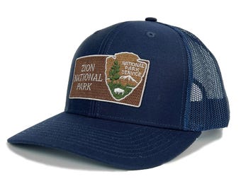 Zion National Park Trucker Hat with Woven Embroidered National Park Sign Arrowhead Patch Souvenir Gift