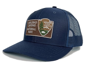Carlsbad Caverns National Park Trucker Hat with Woven Embroidered National Park Sign Arrowhead Patch Souvenir Gift