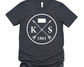 Homeland Tees Kansas Arrow T-Shirt - State Outline, Initials & Year Founded Unisex Shirt