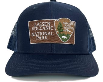 Lassen Volcanic National Park Trucker Hat with Woven Embroidered National Park Sign Arrowhead Patch Souvenir Gift