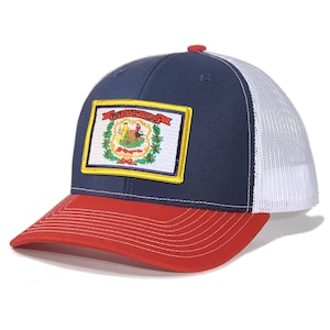 May include: A navy blue and red trucker hat with a white mesh back. The hat features a patch with the state flag of West Virginia.