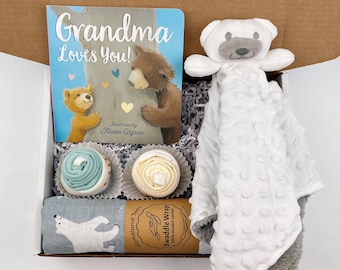 Grandma Loves You Book Gift Basket / Gift for Grandchild / Baby Shower Gift Set / Muslin Swaddle Blanket, Baby Bodysuit Onesie Cupcake