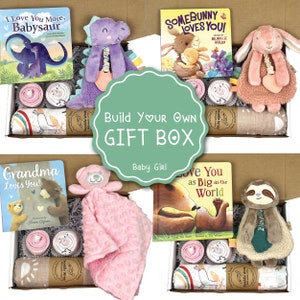 BABY GIRL Gift Basket, Build Your Own Gift Box, Baby Book Box, Onesie Cupcake Bodysuits, Muslin Swaddle Blanket, Plush Toy