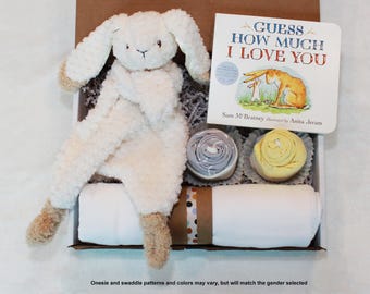 Guess How Much I Love You Baby Gift Set: Book, Onesies, Swaddle & Bunny - Newborn Shower Basket for Boys or Girls