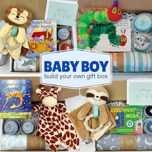 Customizable Baby BOY Gift Basket: Onesies®, Blanket, Lovey & Book - Perfect Baby Shower Gift Boy