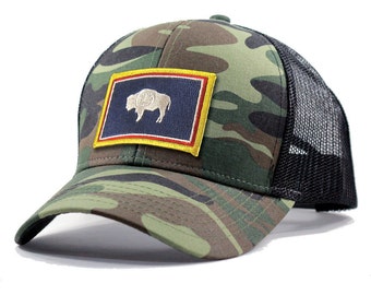 Homeland Tees Wyoming Flag Hat - Army Camo Trucker