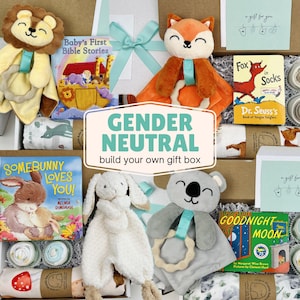Customizable Gender Neutral Baby Gift Basket: Onesies®, Blanket, Book & Stuffed Animal Set for Baby Shower or Welcome Present