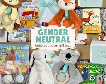 Customizable Gender Neutral Baby Gift Basket: Onesies®, Blanket, Book & Stuffed Animal Set for Baby Shower or Welcome Present