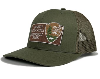 North Cascades National Park Trucker Hat with Woven Embroidered National Park Sign Arrowhead Patch Souvenir Gift