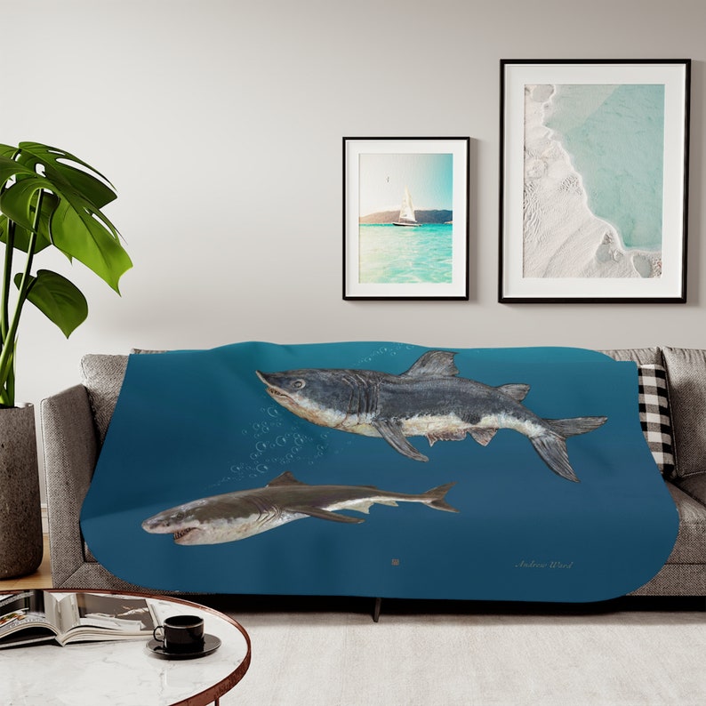 Shark Blanket, Great White Sharks Sherpa Throw Blanket in 3 Sizes, Ocean Fish Sea Life Coastal