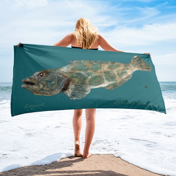 Fish Beach Towel, Lingcod, Teal Beach Towel, Fishing Gift, Scuba Gift, Surf  Decor, Beachy Theme, Fisherman Gift, Pool Decor 