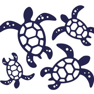 May include: Four blue silhouette sea turtles of different sizes swimming in a white background.
